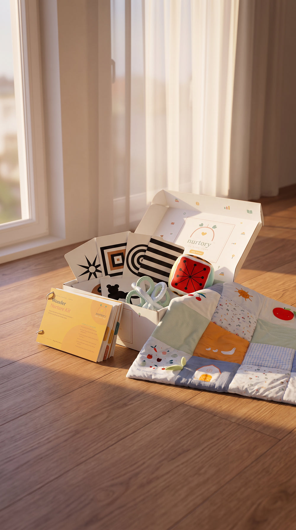 The Wonder Nurture Kit box open on a timber floor, with its contents and the play mat beside it